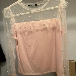 chic Blush Pink Pearl-Embellished Mesh Yoke Top